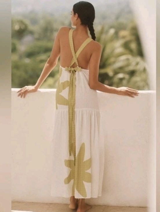 Anthropologie Celandine Drop Waist Midi Dress White Green Print NWT XL - Picture 3 of 5